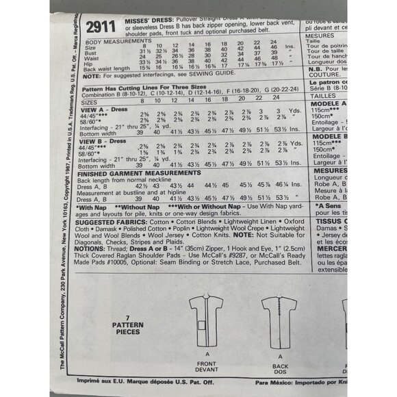 McCalls 2911 Misses Easy Sewing Dress Pattern Size G 20-22-24 Vintage Career CUT - Picture 5 of 7